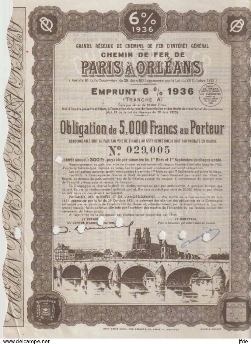 Décoré CHEMINS De FER PARIS ORLEANS 5000F1936 - Railway & Tramway