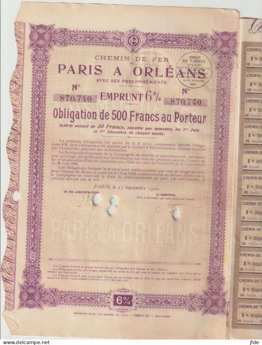 CHEMINS De FER PARIS ORLEANS 500F1922 - Ferrocarril & Tranvías