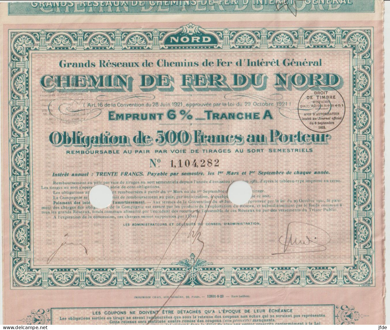 CHEMINS De FER Du NORD  1923 - Railway & Tramway
