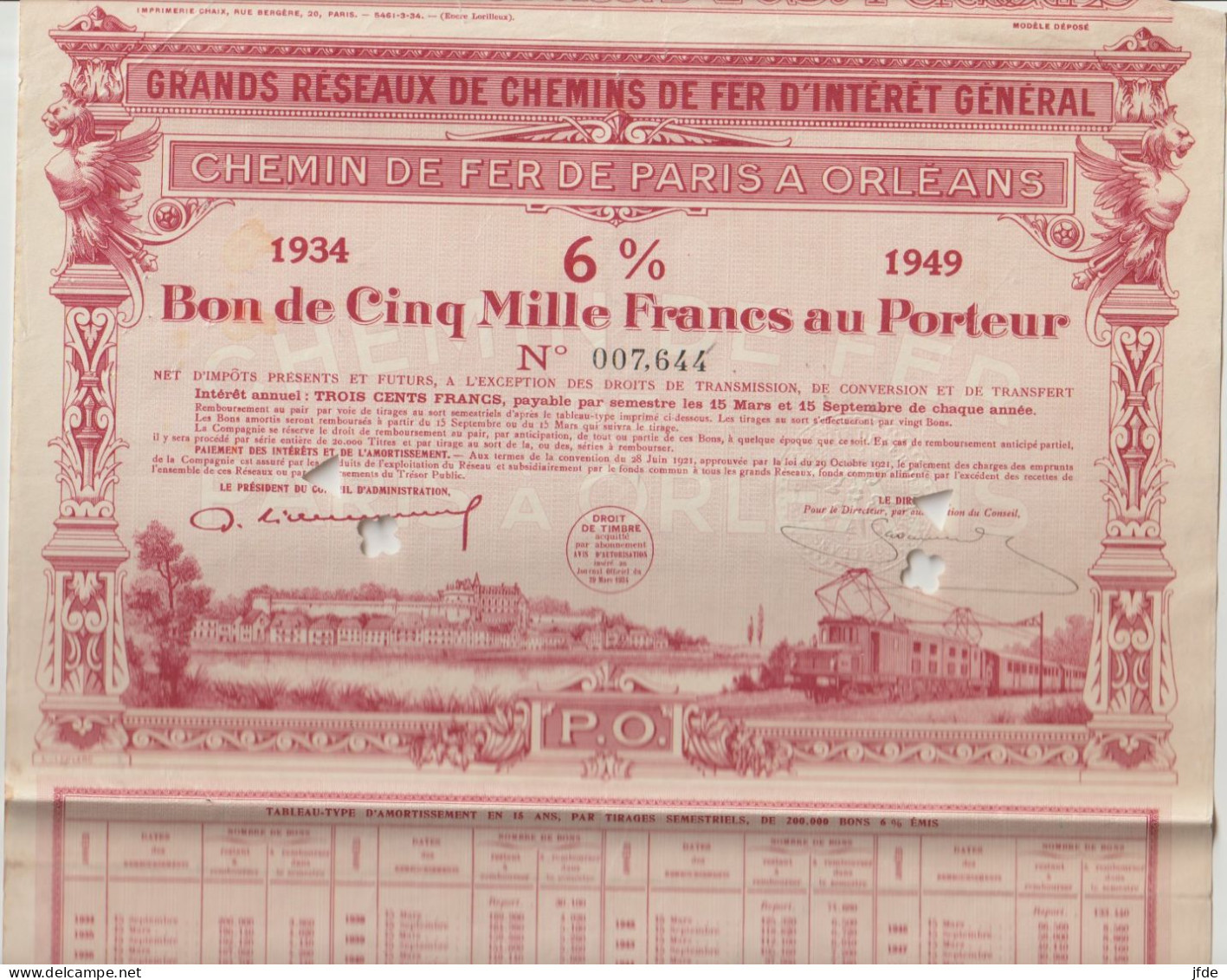 Décoré CHEMINS De FER PARIS ORLEANS 5000F1934 - Bahnwesen & Tramways
