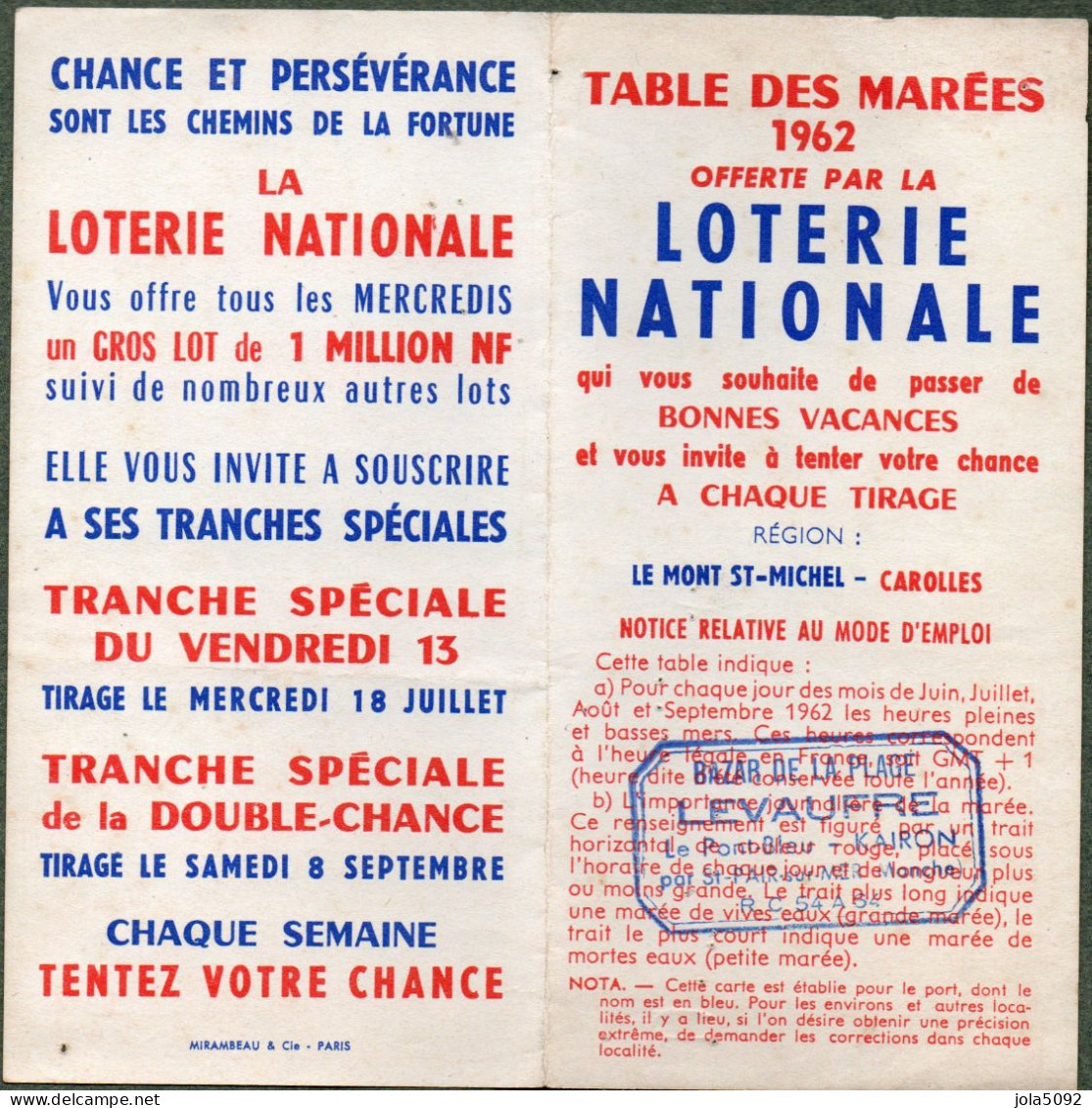 Horaire Des Marées 1962 Le Mont St-Michel Carolles - Offert Par La LOTTERIE NATIONALE - Europe