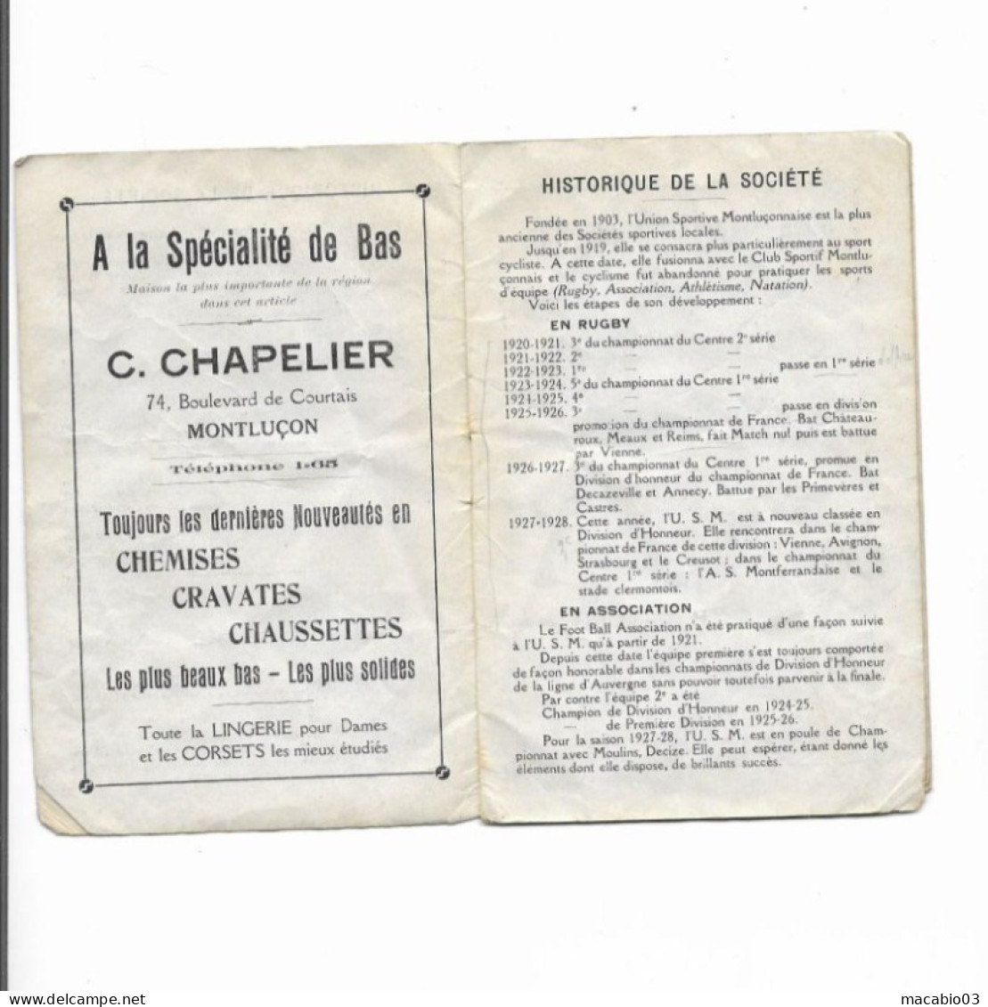 Vieux Papiers - Calendrier De L'Union Sportive Montluçonnaise Rugby Saison1927-1928 - Tamaño Pequeño : 1921-40