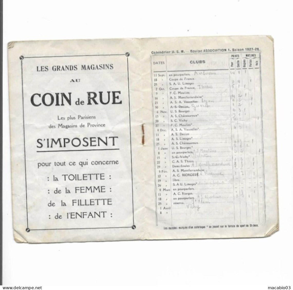 Vieux Papiers - Calendrier De L'Union Sportive Montluçonnaise Rugby Saison1927-1928 - Petit Format : 1921-40