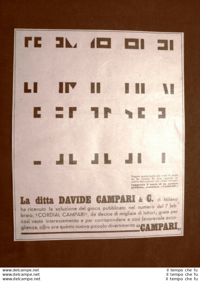 Pubblicità Del 1945 Cordial Campari Soluzione Del Gioco Davide C. & C. Milano - Andere & Zonder Classificatie