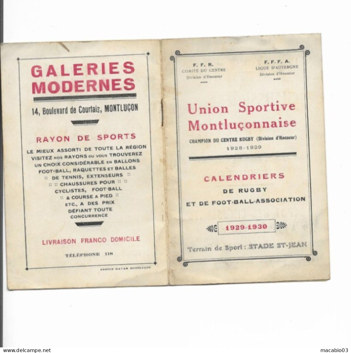 Vieux Papiers - Calendrier De L'Union Sportive Montluçonnaise Rugby Saison1928-1929 Et Du Foot-ball 1929-1930 - Tamaño Pequeño : 1921-40