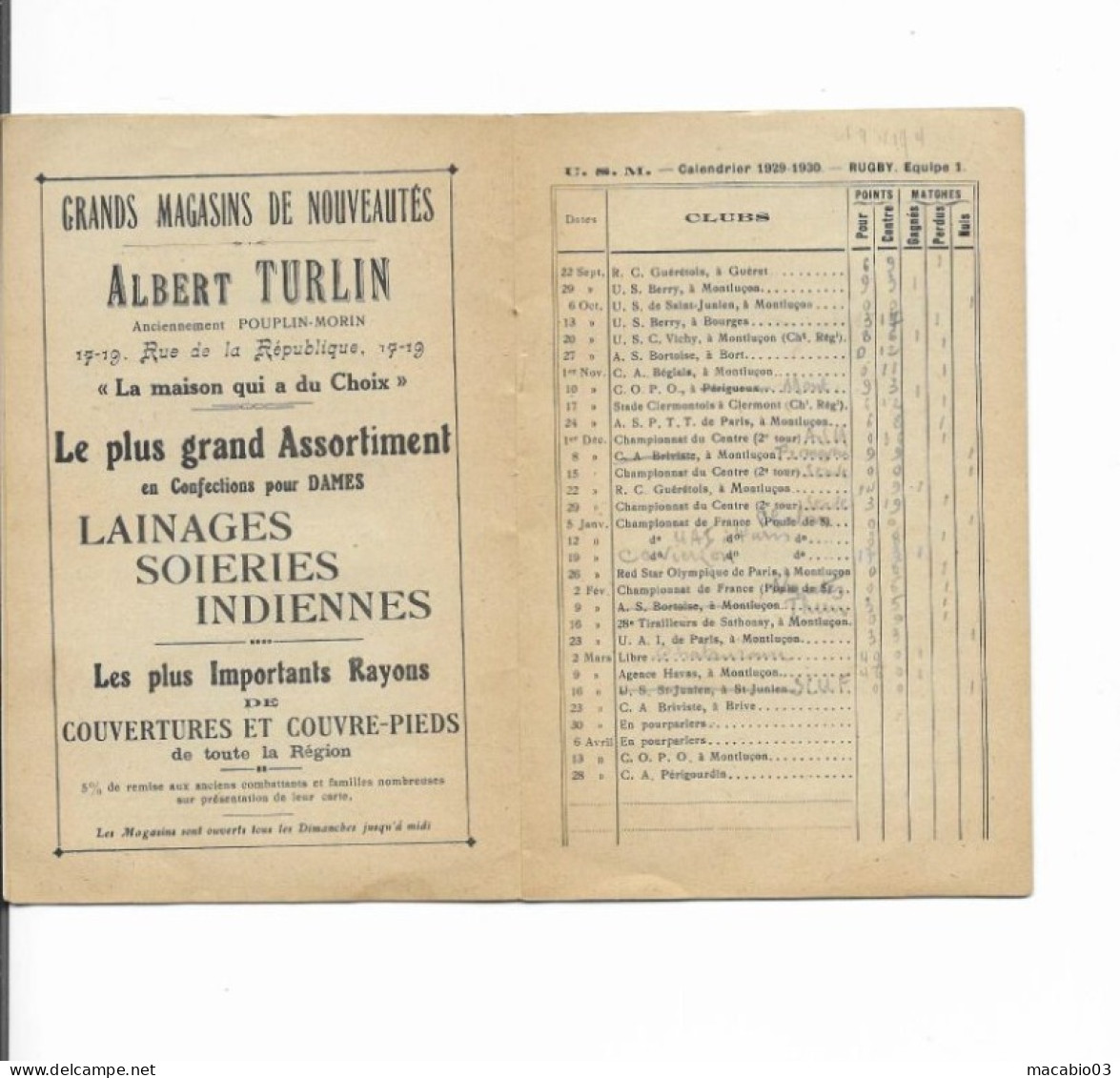 Vieux Papiers - Calendrier De L'Union Sportive Montluçonnaise Rugby Saison1928-1929 Et Du Foot-ball 1929-1930 - Petit Format : 1921-40