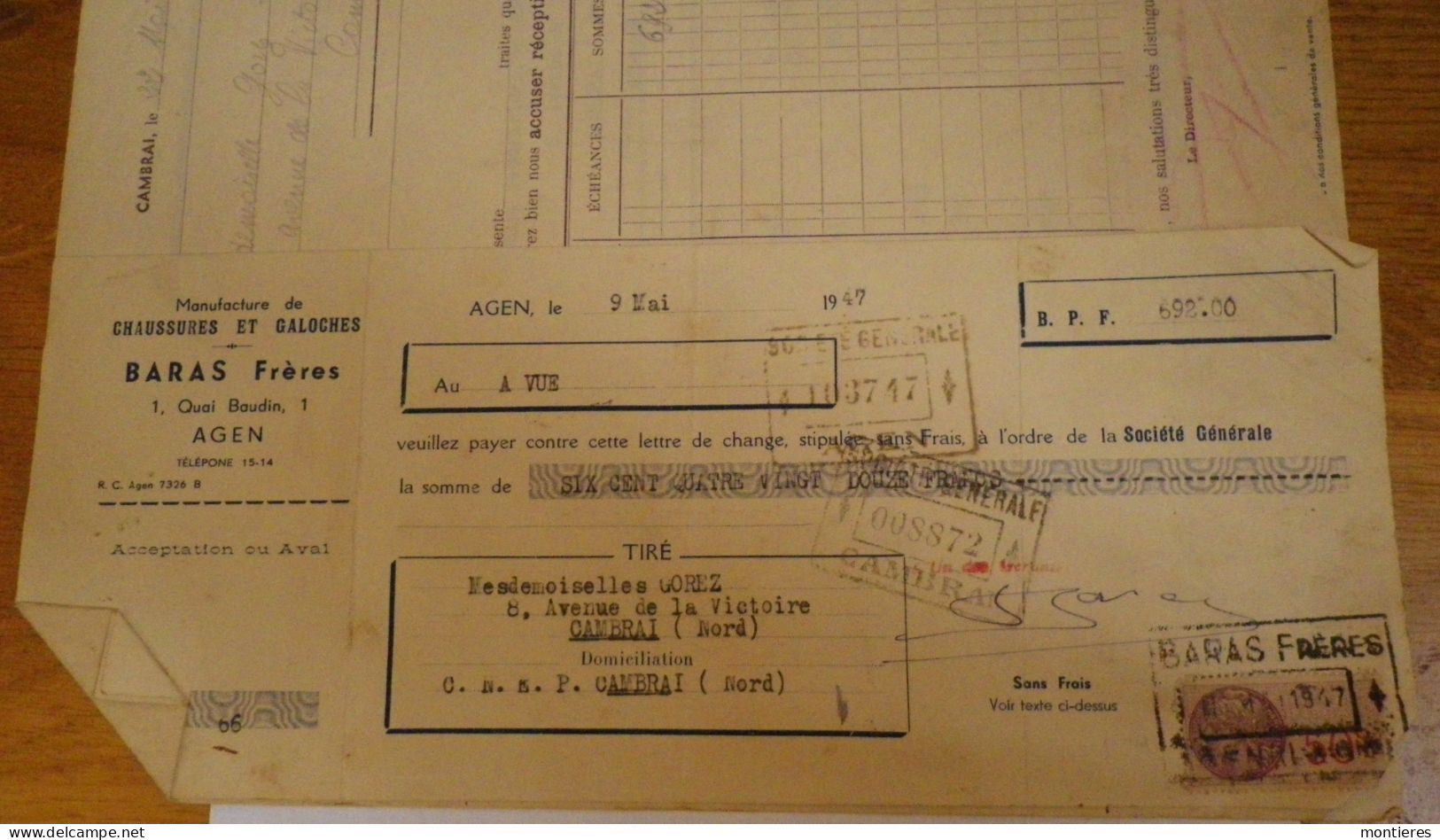 Facture Et Traite AGEN Chaussures Et Galoches BARAS Frères 1 Quai Baudin - 8 Mai 1947 -  47000 Lot-et-Garonne - Kleidung & Textil