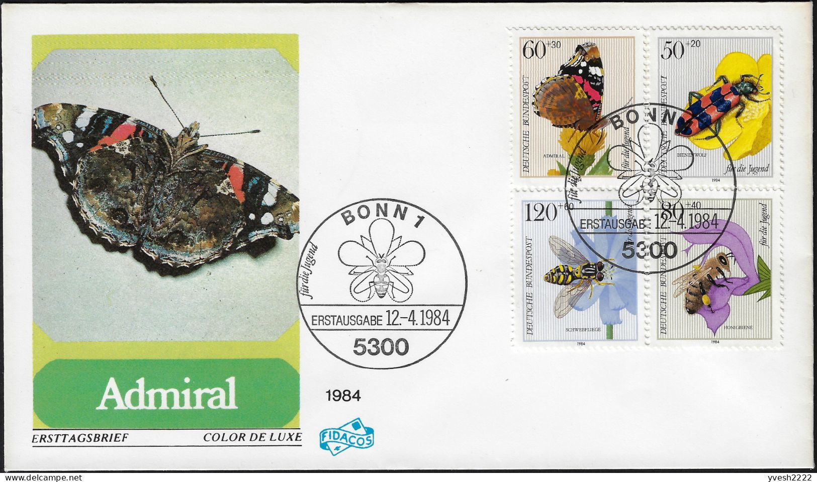 Allemagne 1984 Y&T 1034 à 1037 Sur FDC. Insectes. Papillon, Coléoptère, Abeille Mellifère, Syrphide - Kevers