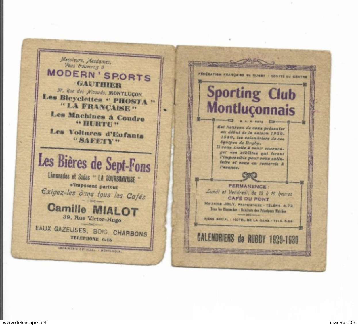 Vieux Papiers - Calendrier Du Sporting Club Montluçonnais Rugby Saison 1929-1930 - Tamaño Pequeño : 1921-40