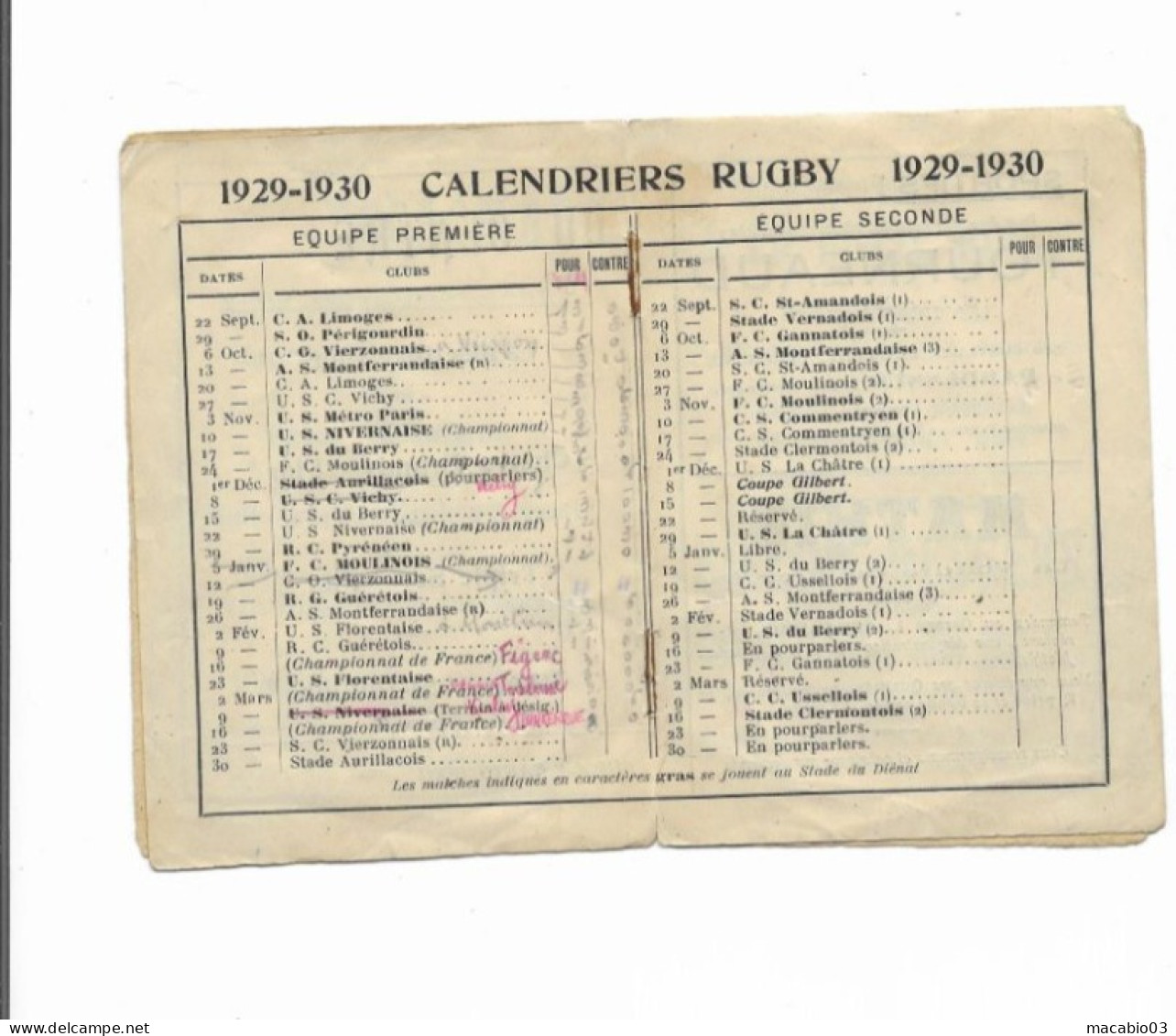 Vieux Papiers - Calendrier Du Sporting Club Montluçonnais Rugby Saison 1929-1930 - Klein Formaat: 1921-40