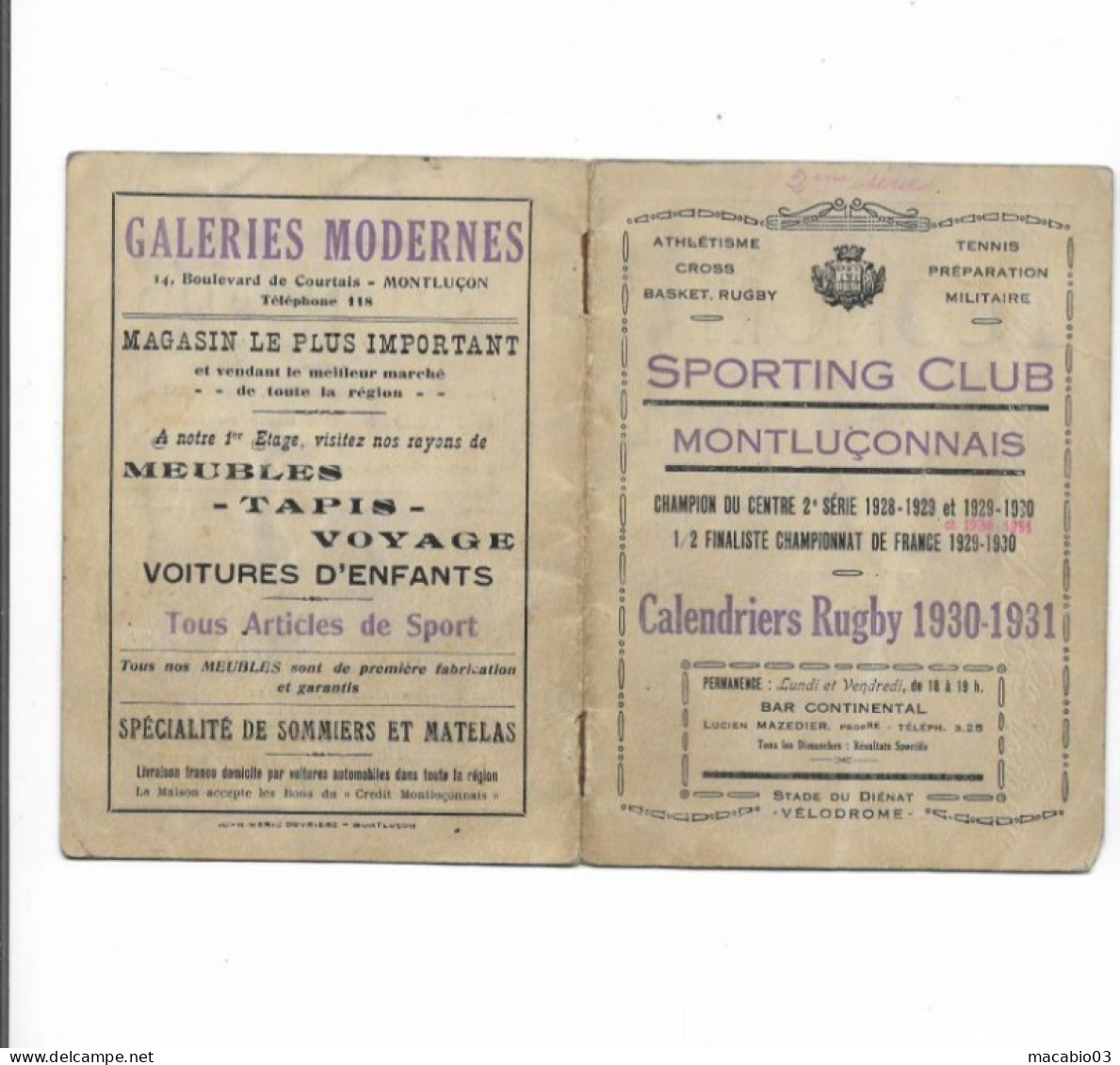 Vieux Papiers - Calendrier Du Sporting Club Montluçonnais Rugby Saison 1930-1931 - Petit Format : 1921-40