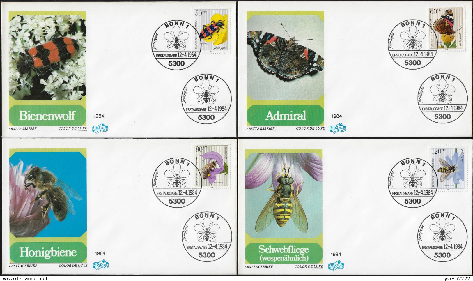 Allemagne 1984 Y&T 1034 à 1037 Sur 4 FDC. Insectes. Papillon, Coléoptère, Abeille Mellifère, Syrphide - Kevers