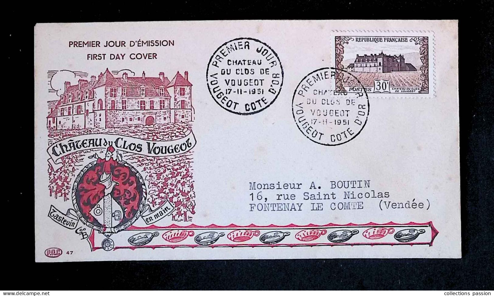 CL, FDC, Premier Jour, Vougeot, Côte D'Or, 17-11-1951, Château Du Clos De Vougeot, Vin, 913 - 1950-1959