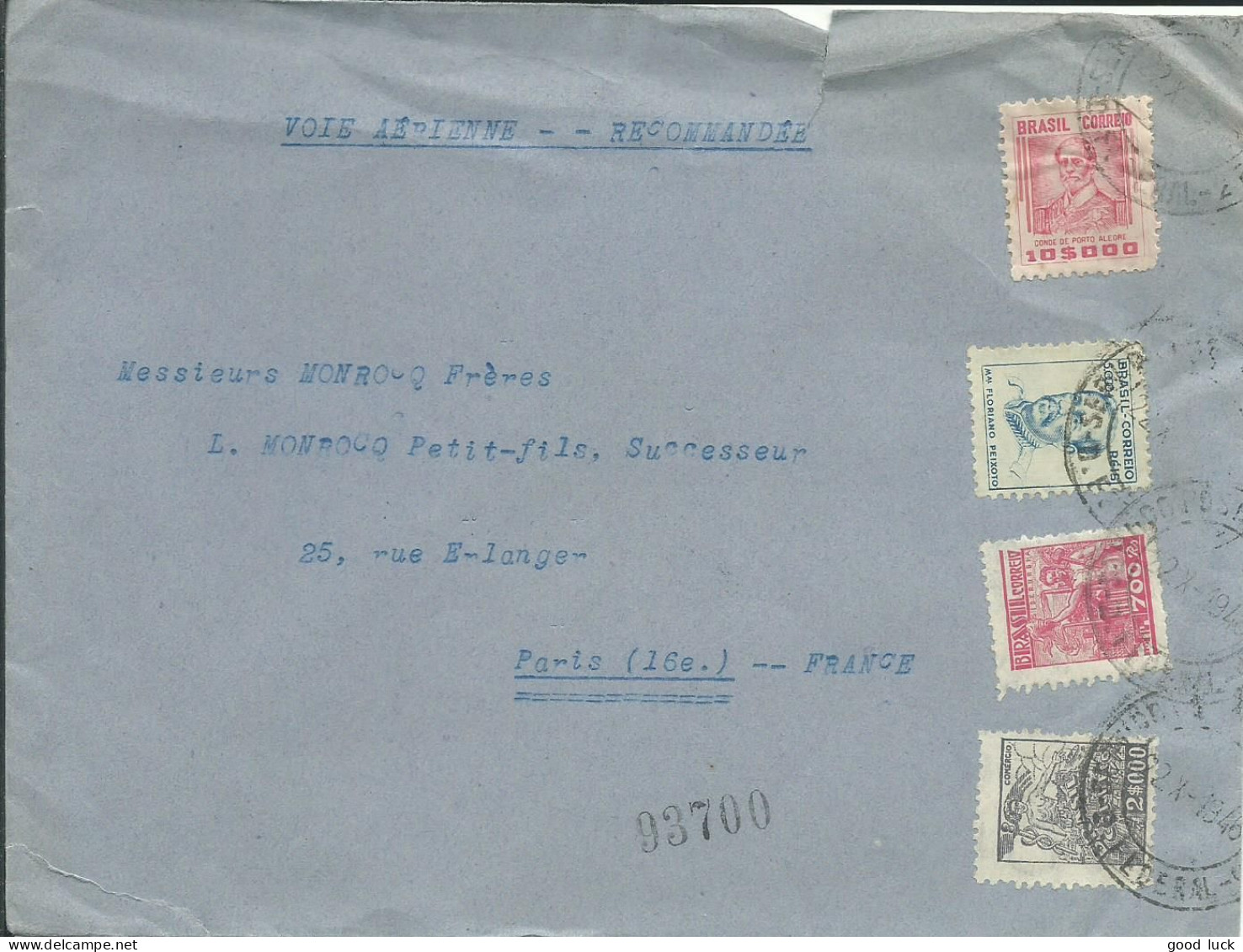 BRESIL LETTRE PAR  AVION RECOMMANDEE 17$700  RIO DE JANEIRO POUR PARIS DE 1948  LETTRE COVER - Lettres & Documents