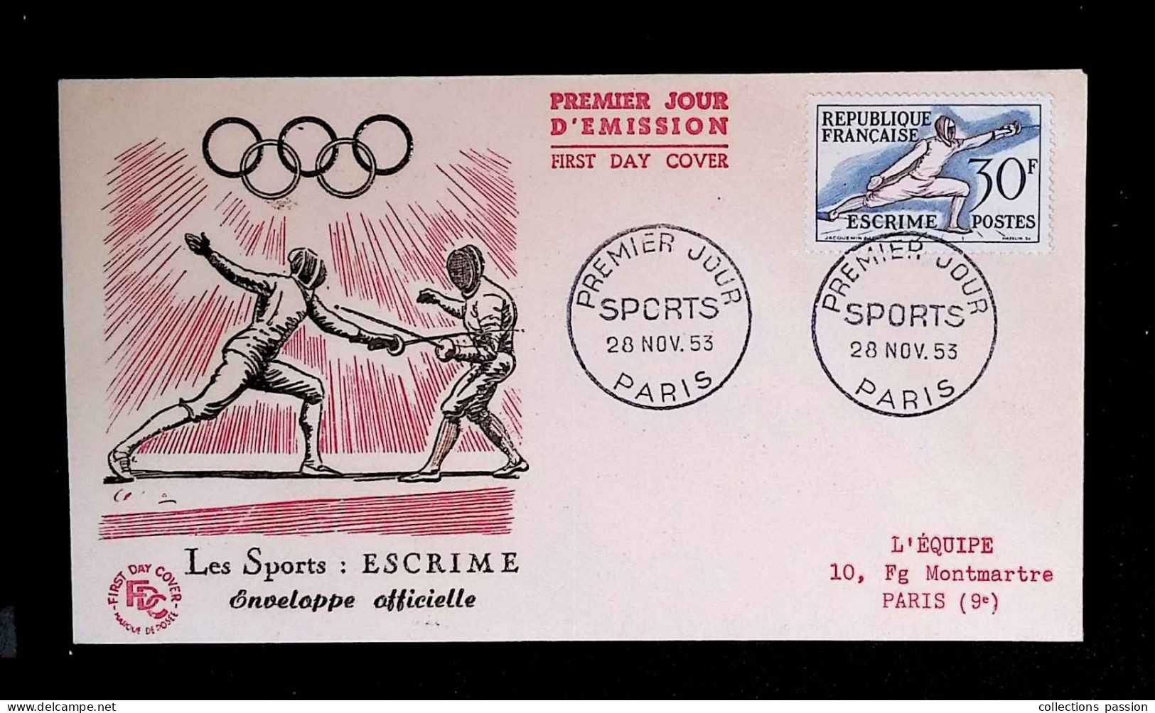 CL, FDC, Premier Jour, Paris, 28 Nov. 1953, Sports, Escrime, 962 - 1950-1959