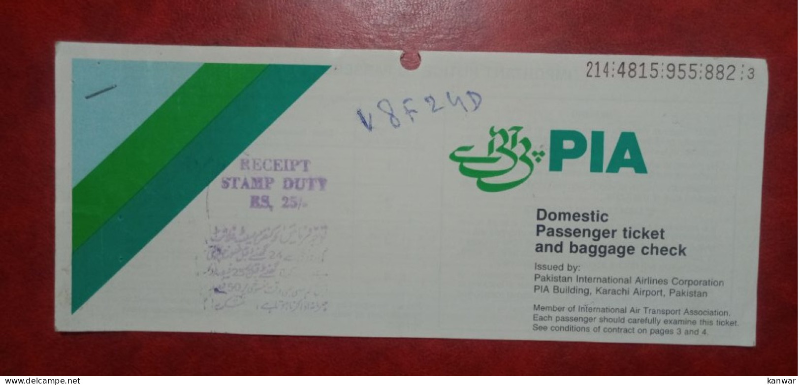 1999 PAKISTAN INTERNATIONAL AIRLINES DOMESTIC PASSENGER TICKET AND BAGGAGE CHECK - Tickets