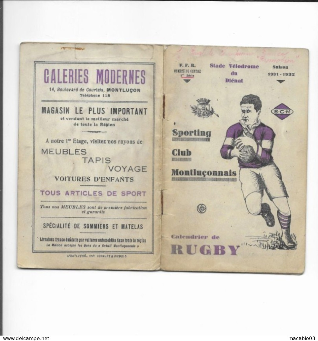 Vieux Papiers - Calendrier Du Sporting Club Montluçonnais Rugby Saison 1931-1932 - Kleinformat : 1921-40