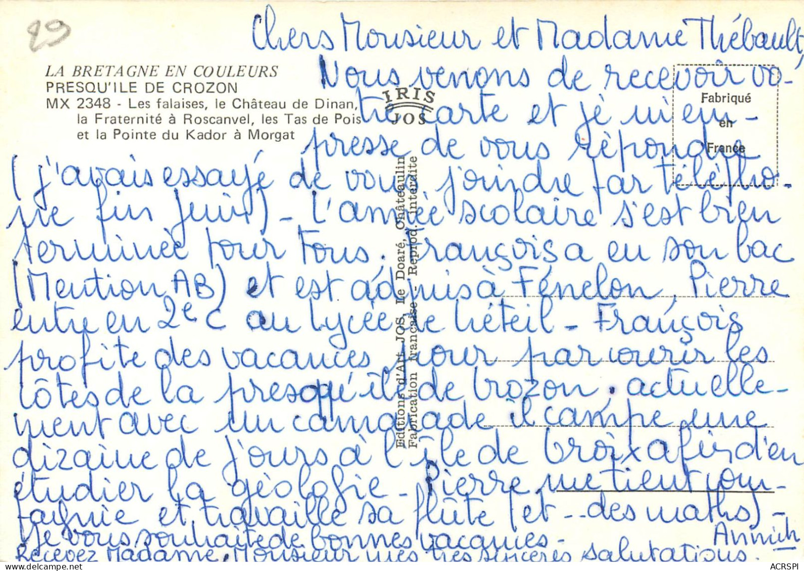 PRESQU ILE DE CROZON Les Falaises Le Chateau De Dinan 20(scan Recto Verso)MF2719 - Crozon