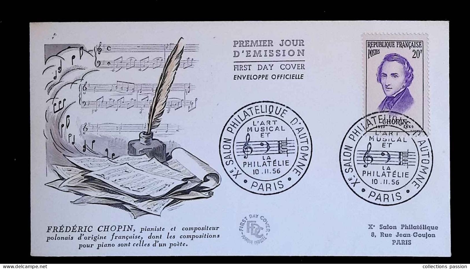 CL, FDC, Premier Jour, Paris, 10-11-1956, X E Salon Philatélique D'Automne, L'Art Musical Et La Philatélie, Chopin, 1086 - 1950-1959