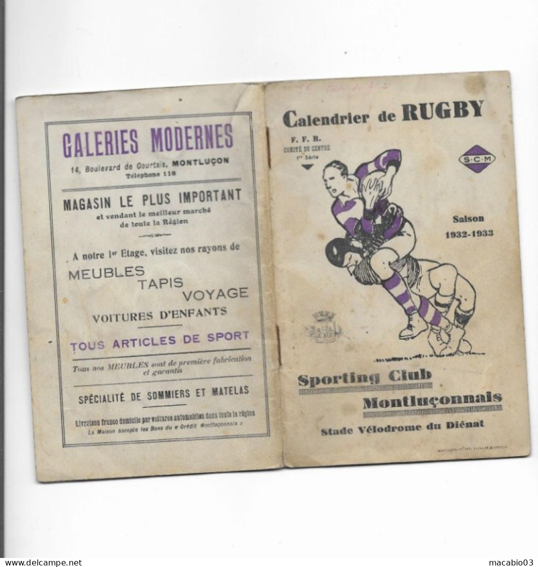 Vieux Papiers - Calendrier Du Sporting Club Montluçonnais Rugby Saison 1932-1933 - Small : 1921-40