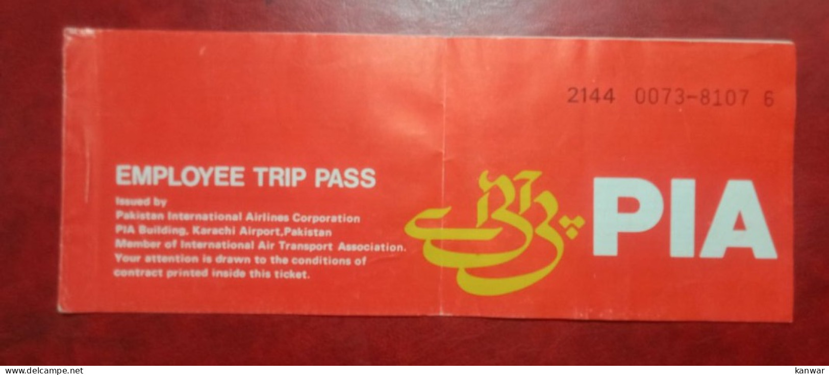 1989 PAKISTAN INTERNATIONAL AIRLINES EMPLOYEE TRIP PASS - Tickets
