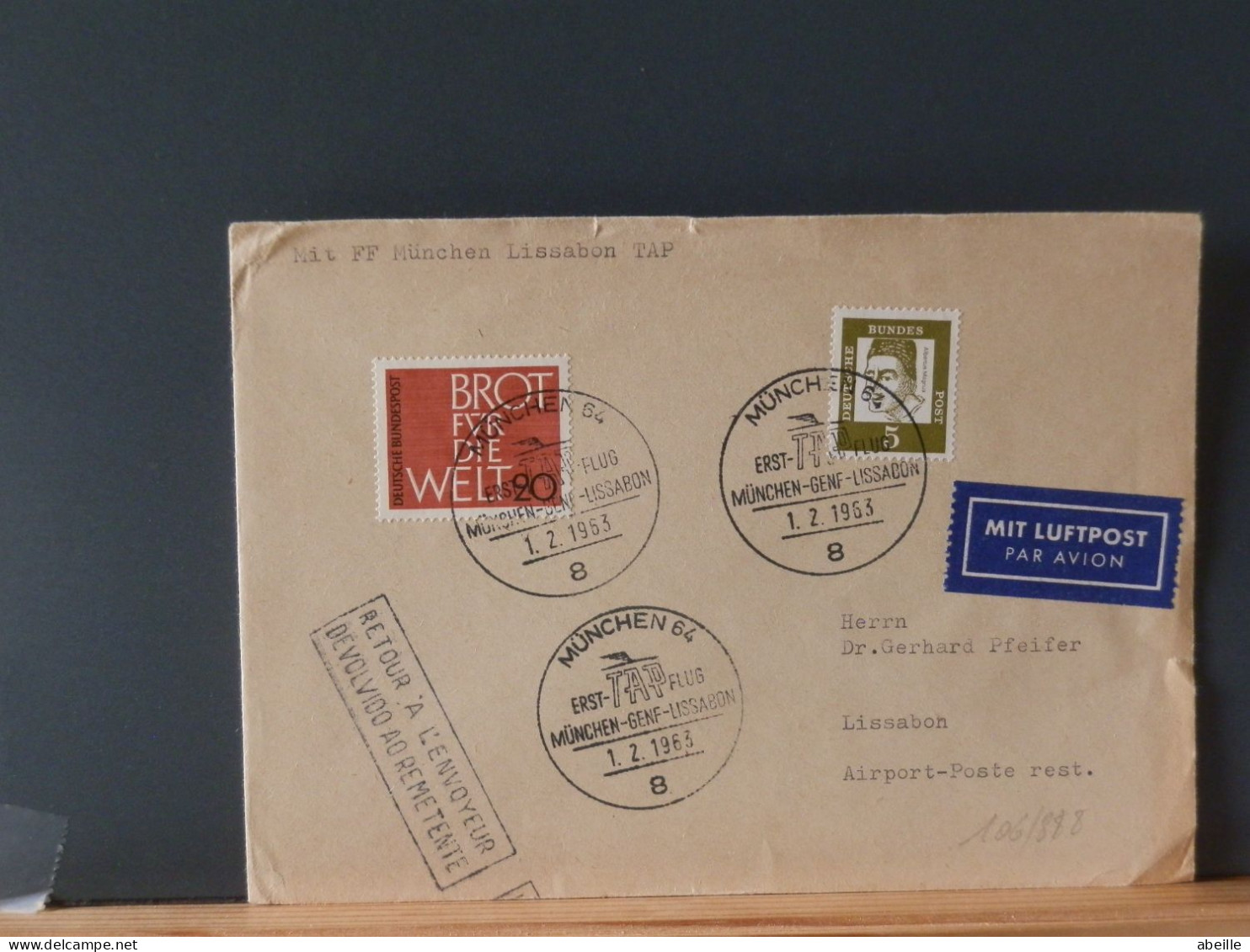 106/888  LETTRE ALLEMAGNE 1963 POUR LA PORTUGAL RETOUR  1° VOL TAP - Primeros Vuelos