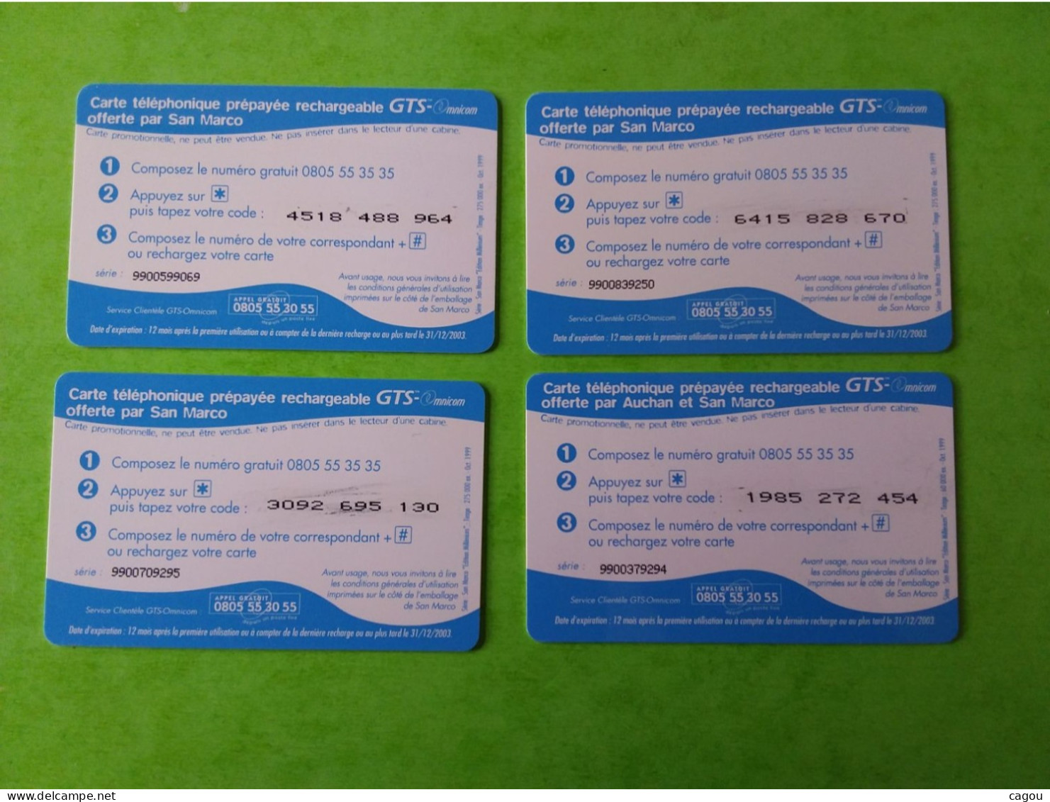 LOT DE 4 TELECARTES PREPAYEES SAN MARCO 2 MINUTES - Autres & Non Classés