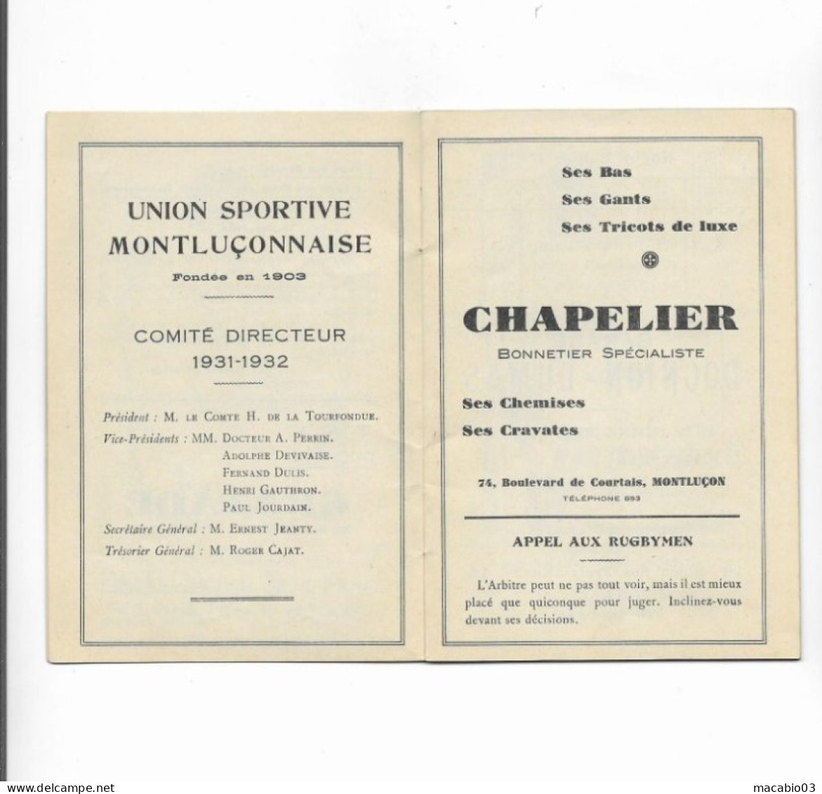 Vieux Papiers - Calendrier De L' Union Sportive Montluçonnaise Rugby Saison 1931-1932 - Petit Format : 1921-40