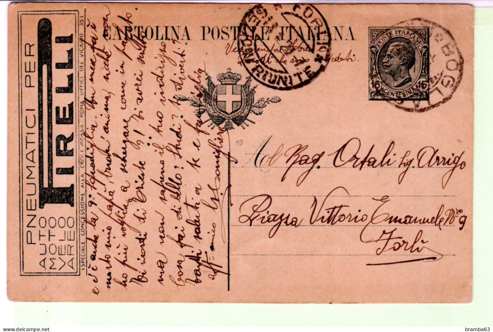 Intero Postale Pubblicitario Pirelli Pneumatici 1919 - Viaggiata 1920 Bogliasco - Forlì - Stamped Stationery