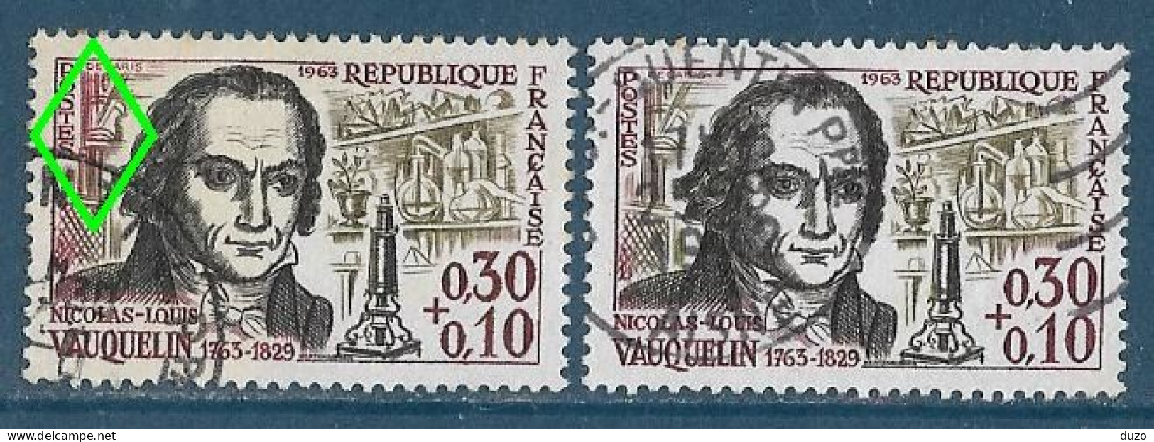 France 1963 - Variété - Y&T N° 1373 Vauquelin (oblit) - 1 Exemplaire Fond De Gauche En Rouge + 1 Normal Brun Olive. - Oblitérés