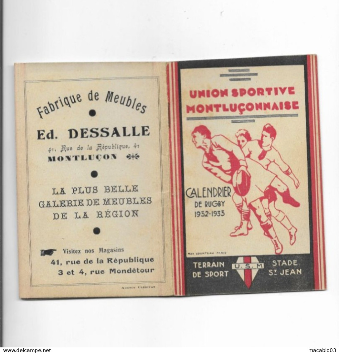 Vieux Papiers - Calendrier De L' Union Sportive Montluçonnaise Rugby Saison 1932 -1933 - Petit Format : 1921-40