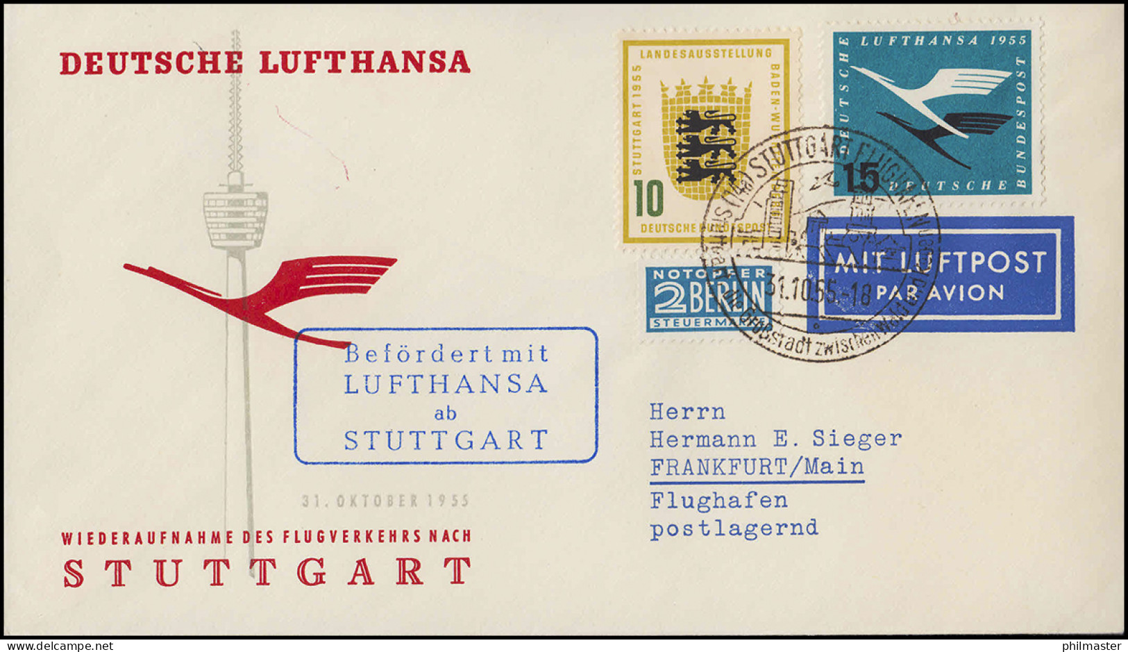 Luftpost Lufthansa Wiederaufnahme Inland Flugverkehr Nach Stuttgart, 31.10.1955 - Erst- U. Sonderflugbriefe