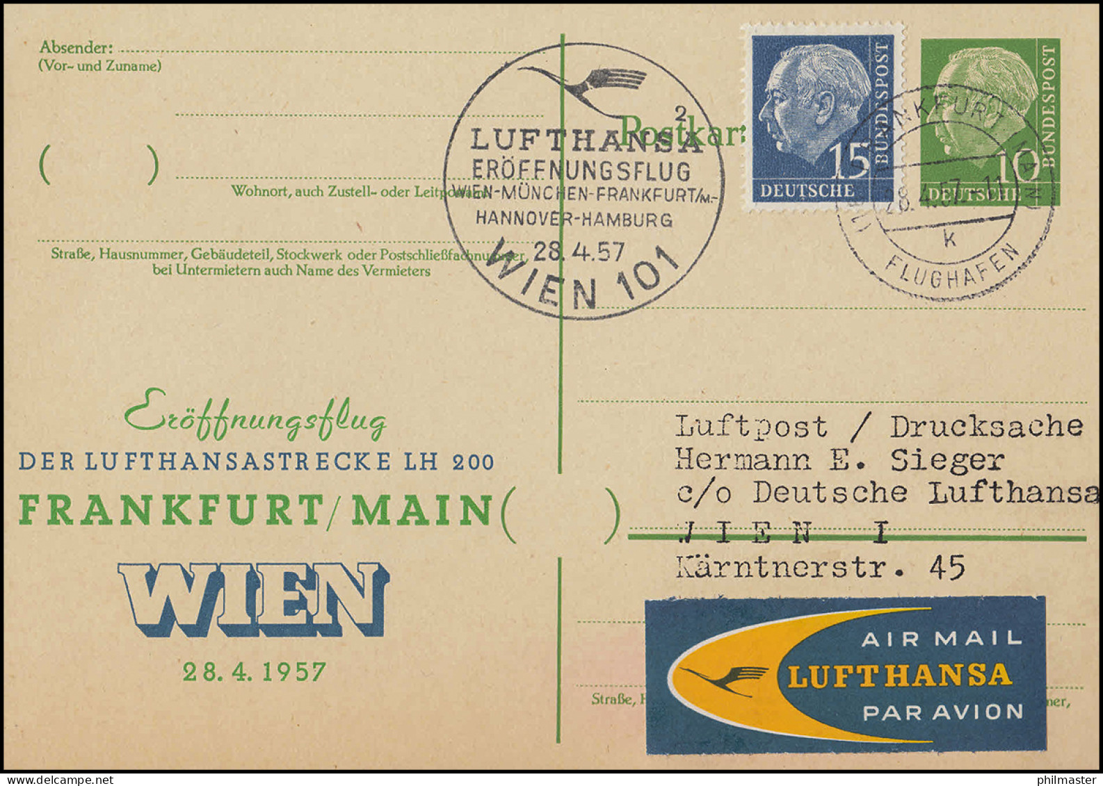 Eröffnungsflug Lufthansa LH 200 Wien München FFM Hannover Hamburg Am 28.4.57 - Eerste Vluchten