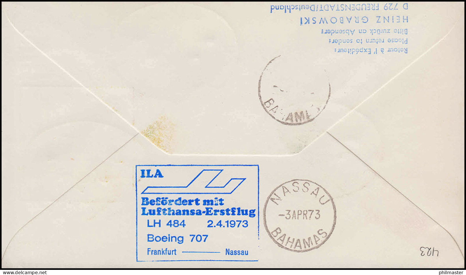 Luftpost Lufthansa Erstflug Boeing 707 LH 484 Frankfurt Main/ Nassau 2. + 3.4.73 - First Flight Covers