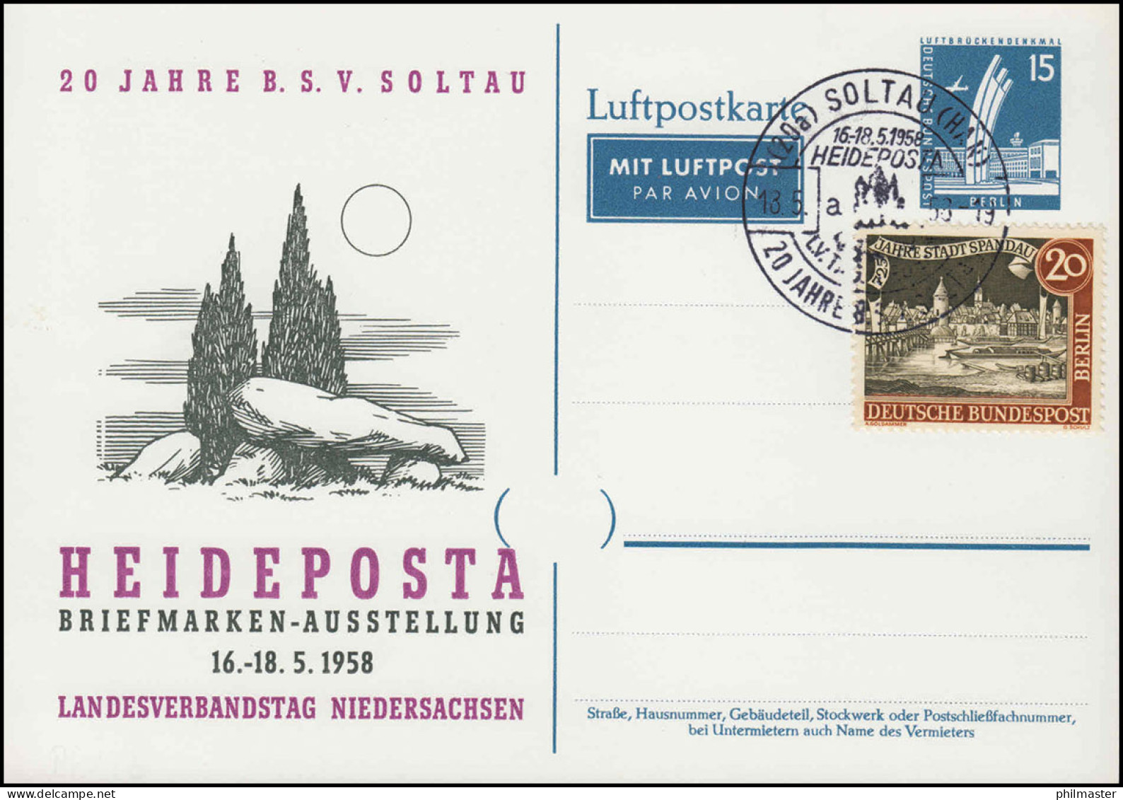 PP 19/6 BSV Soltau HEIDEPOSTA 1958 Mit Zusatzfr., Passender SSt Soltau 18.5.58 - Sonstige & Ohne Zuordnung