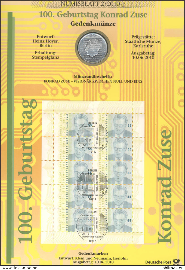 2802 Bauingenieur Und Computererfinder Konrad Zuse - Numisblatt 2/2010 - Sobres Numismáticos