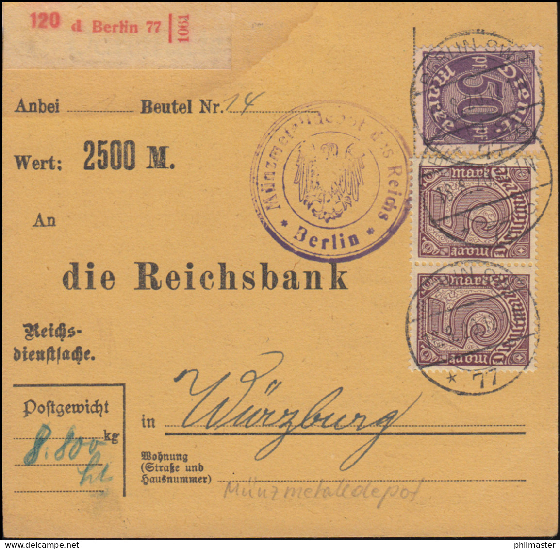 Reichsdienstsache 29+33 Dienstmarken Paketkarte Münzenmetalldepot Berlin 18.8.20 - Monedas