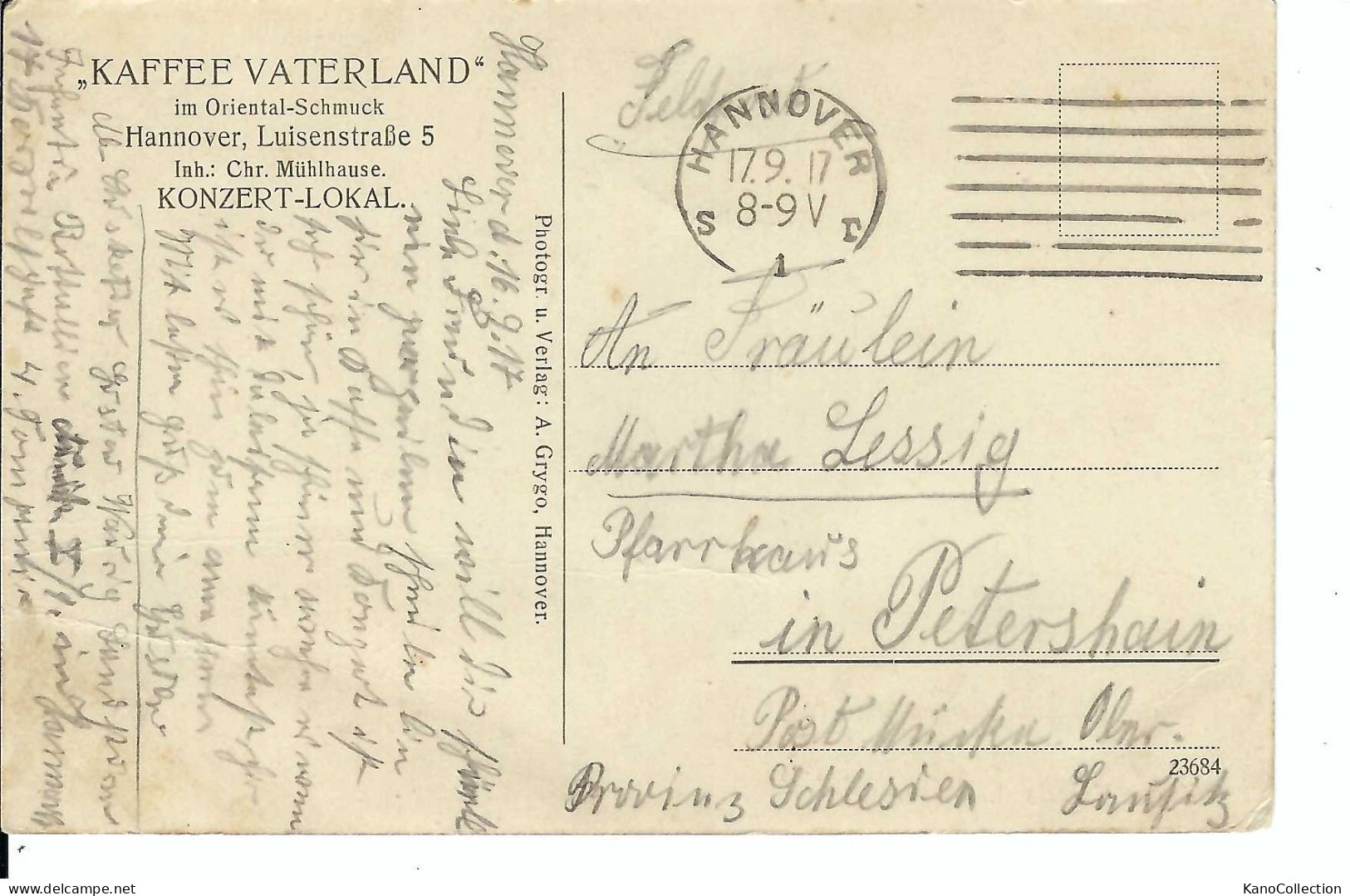 Hannover, Kaffee Vaterland, „Im Orient“, Gelaufen 1917 - Hotels & Restaurants