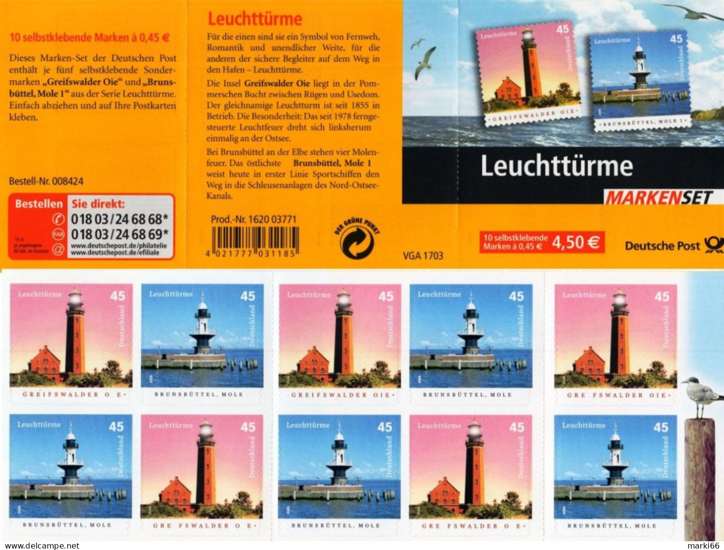 Germany - 2004-05 - German Lighthouses - Graiswalder Oie And Brunsbuttel - Mint Self-adhesive Stamp Booklet - 2001-2010