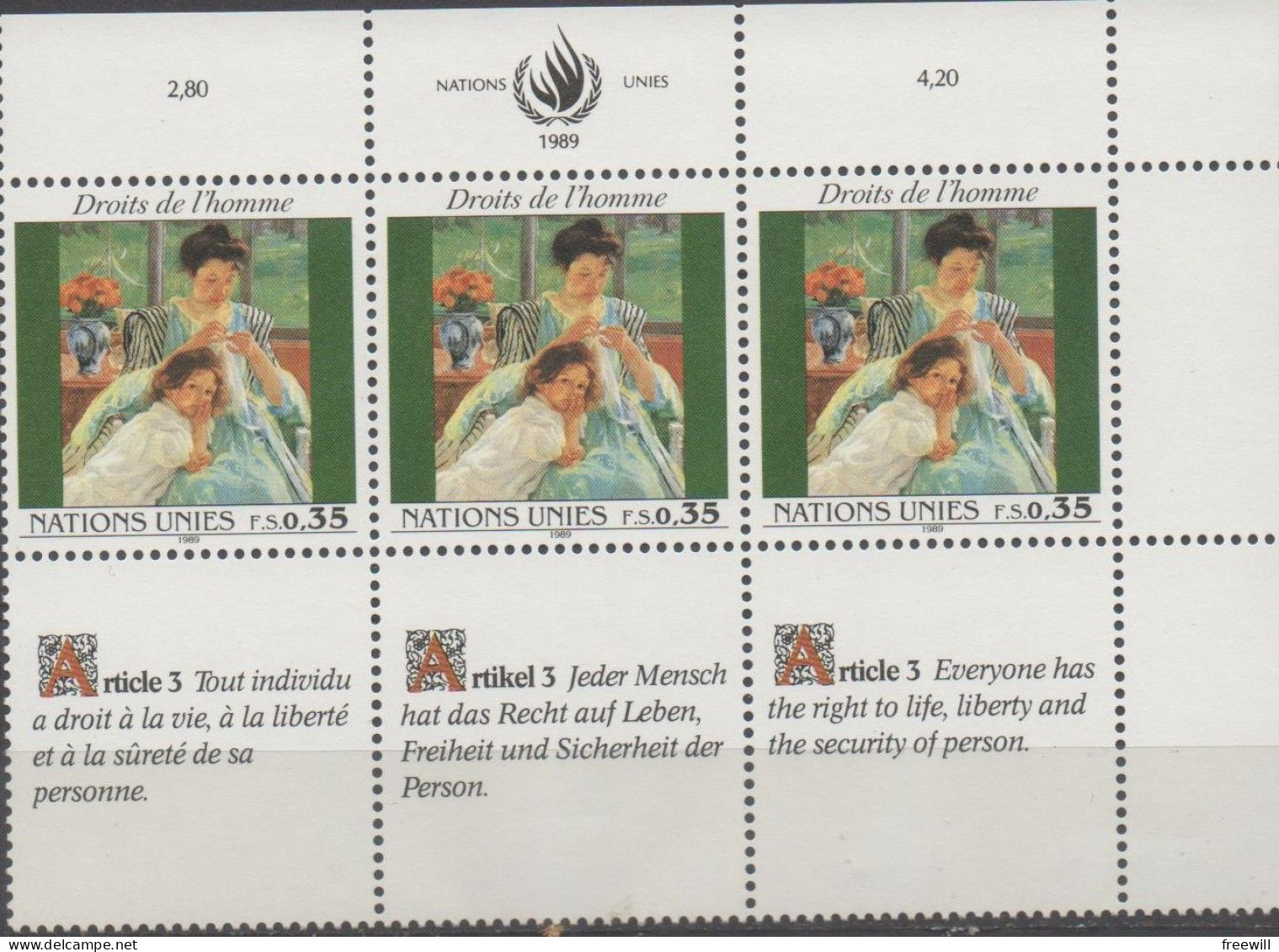 Nations Unies Genève Déclaration Universelle Des Droits De L' Homme , Article 3 XXX - Unused Stamps