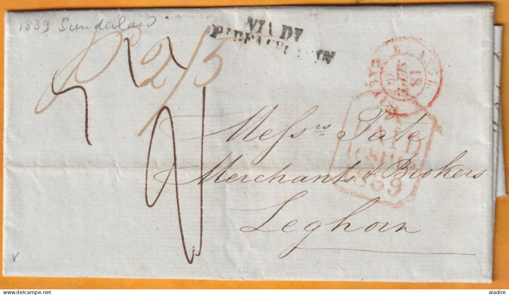 1839 - QV - Lettre Pliée De MONKWEARMOUTH, Sunderland, Angleterre Vers LEGHORN LIVORNO, Toscana Via London & Calais - ...-1840 Prephilately