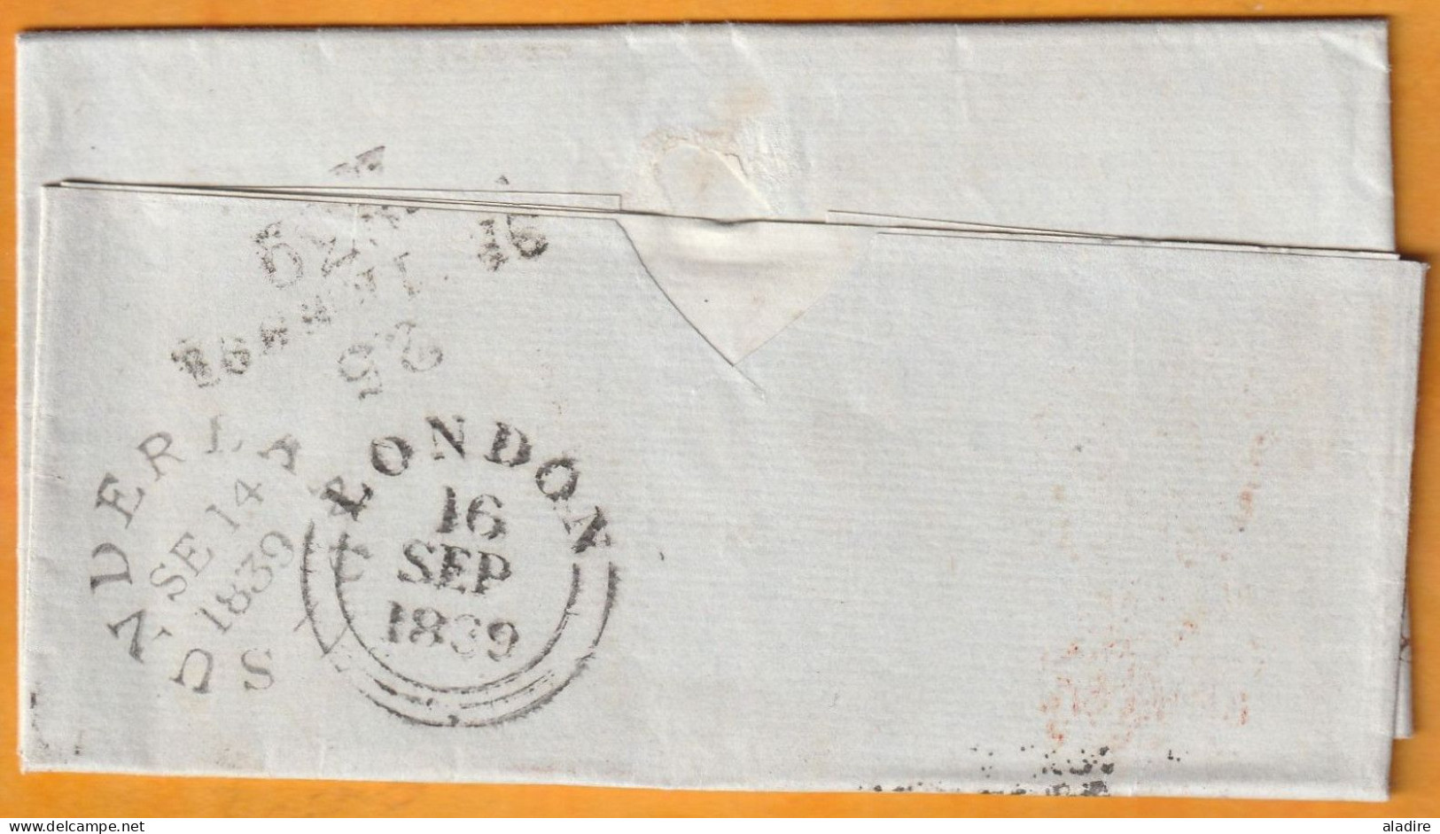1839 - QV - Lettre Pliée De MONKWEARMOUTH, Sunderland, Angleterre Vers LEGHORN LIVORNO, Toscana Via London & Calais - ...-1840 Prephilately