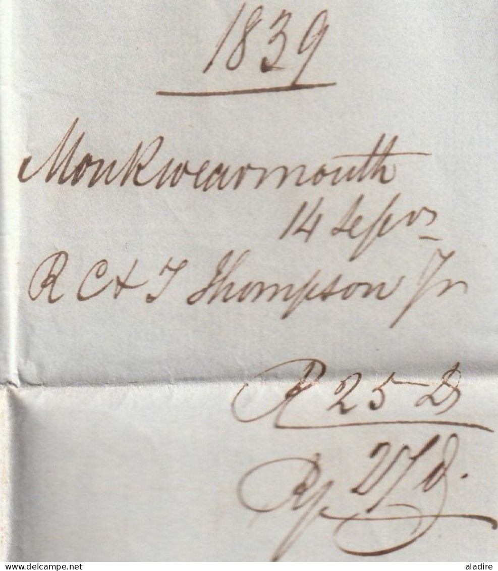 1839 - QV - Lettre Pliée De MONKWEARMOUTH, Sunderland, Angleterre Vers LEGHORN LIVORNO, Toscana Via London & Calais - ...-1840 Voorlopers
