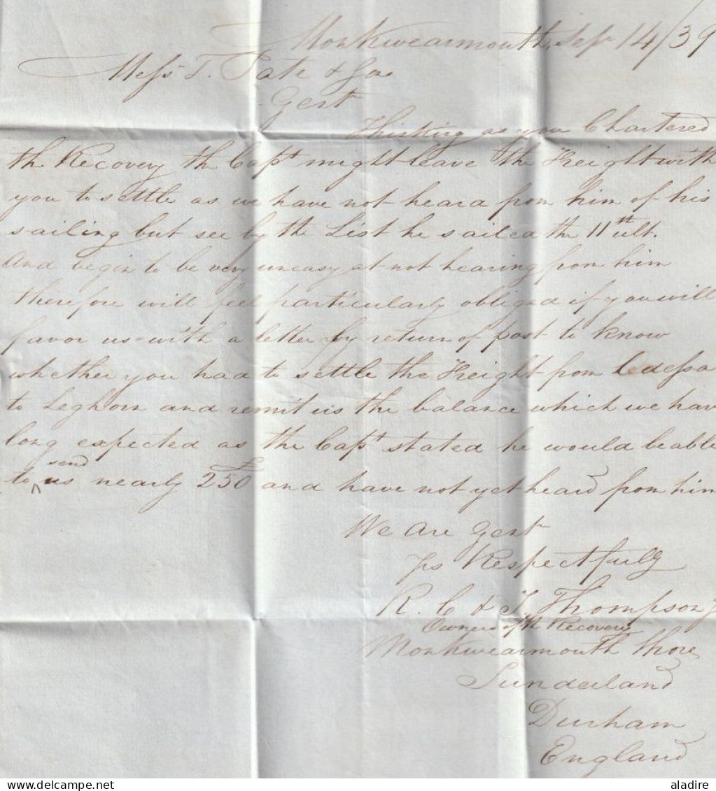 1839 - QV - Lettre Pliée De MONKWEARMOUTH, Sunderland, Angleterre Vers LEGHORN LIVORNO, Toscana Via London & Calais - ...-1840 Préphilatélie