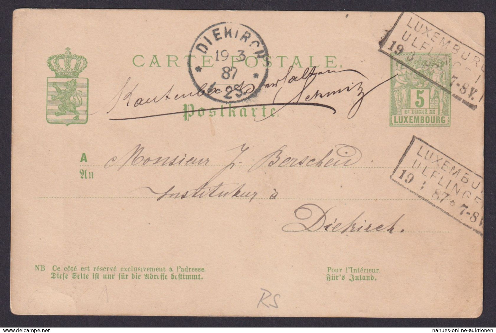 Ganzsache R3 Ulfingen Luxemburg Wappen Diekirch - Storia Postale