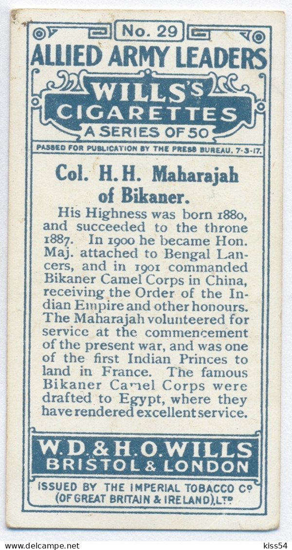 CT 1 - 29 INDIA, Col. H. H. Maharajah Of Bikaner, Allied Army Leader - Old Wills's Cigarettes - 68/35 Mm - Wills