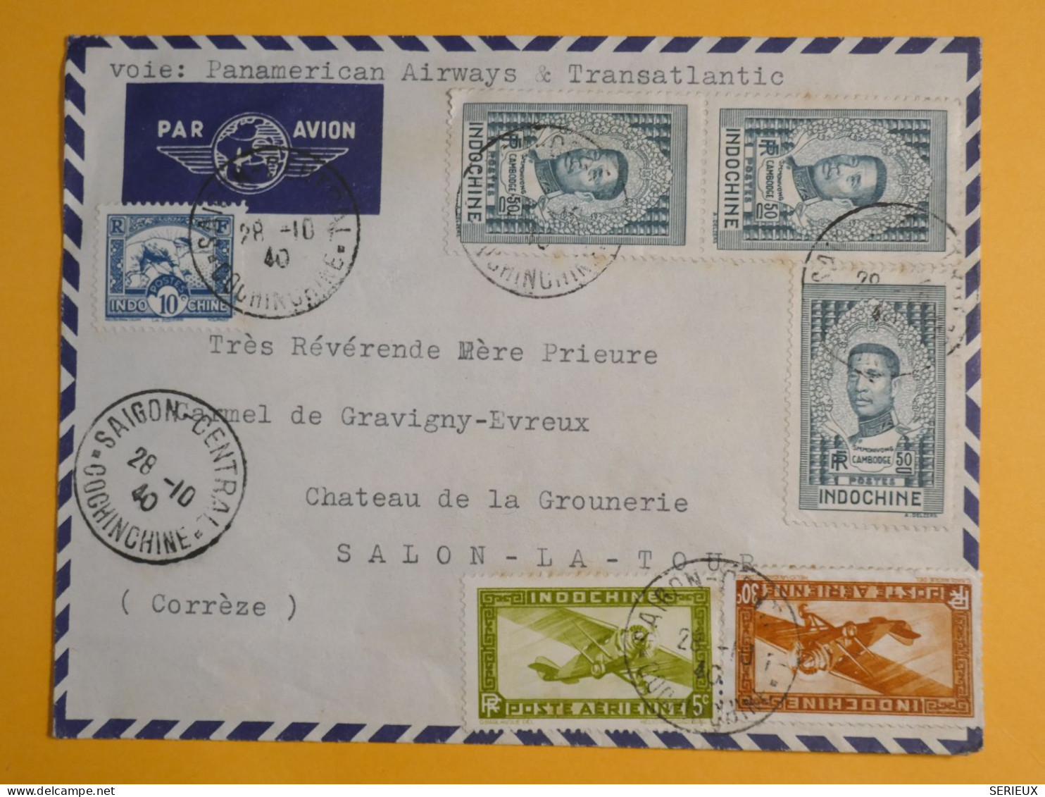 DM5 INDOCHINE  BELLE  LETTRE  1940  SAIGON A SALON    FRANCE   + PAIRE DE TP + + AFF.   INTERESSANT+ + - Brieven En Documenten