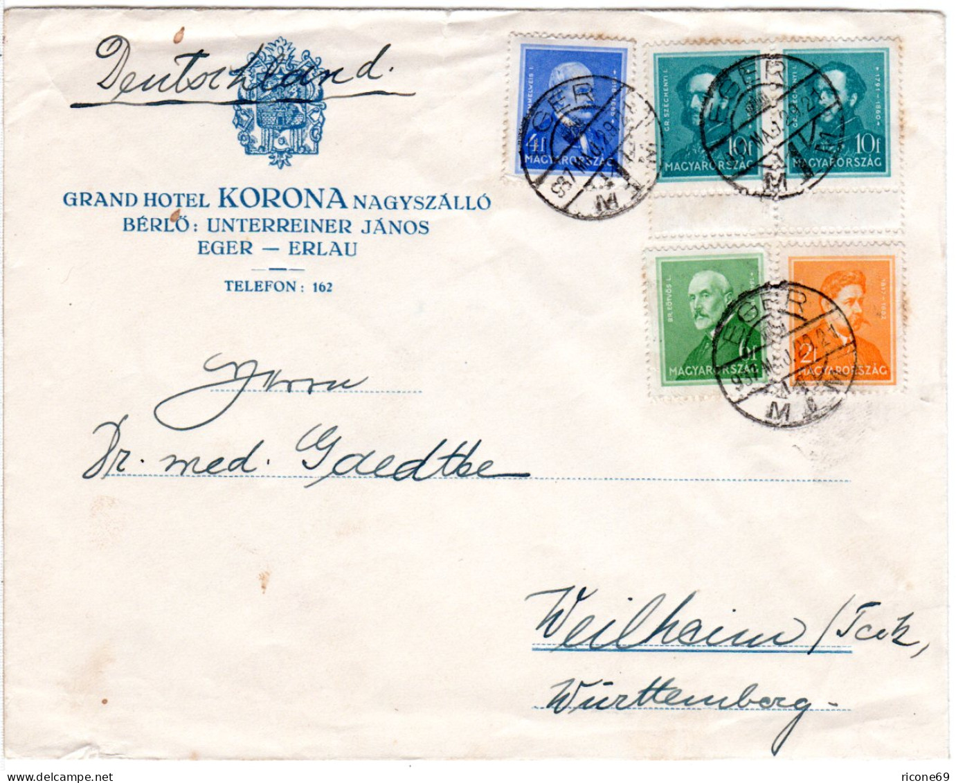 Ungarn 1937, 5 Marken Auf Hotel Brief V. Eger - Erlau N. Württemberg - Lettres & Documents