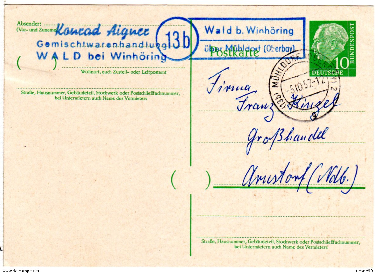 BRD 1957, Landpost Stpl. 13b WALD B. WINHÖRING über Mühldorf Auf Karte M. 10 Pf. - Sammlungen