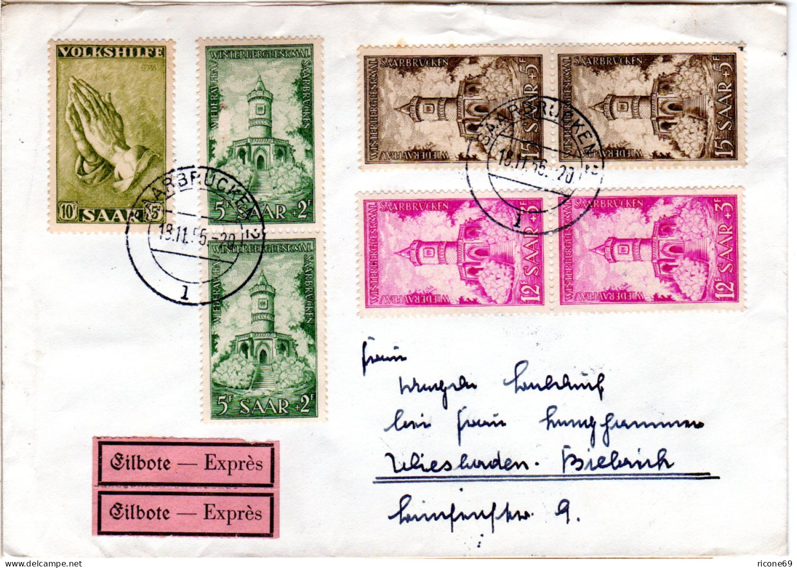 Saarland 1956, 7 Zuschlagmarken Auf Eilboten Brief V. Saarbrücken N. Wiesbaden. - Storia Postale